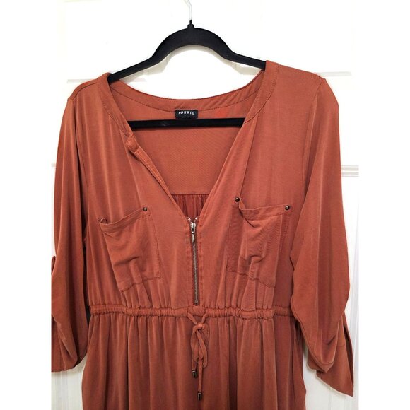 Torrid Rust Brown Midi Dress Zipper Front Drawstring Waist & Rolled Sleeves Size - Picture 4 of 10